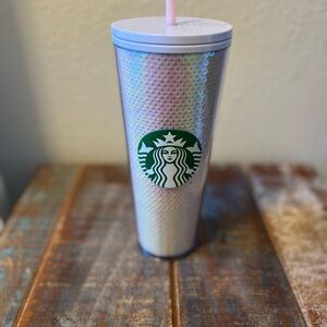 Starbucks Iridescent White and Blush Pink Tumbler with Pink Straw